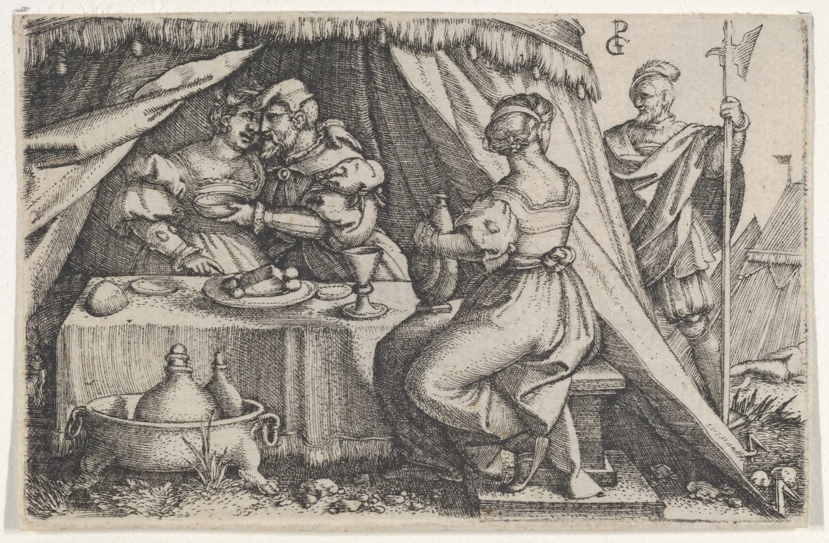 Judith and Holofernes Dining by Georg Pencz, print, 1526-1536