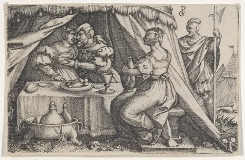 Judith and Holofernes Dining by Georg Pencz, print, 1526-1536