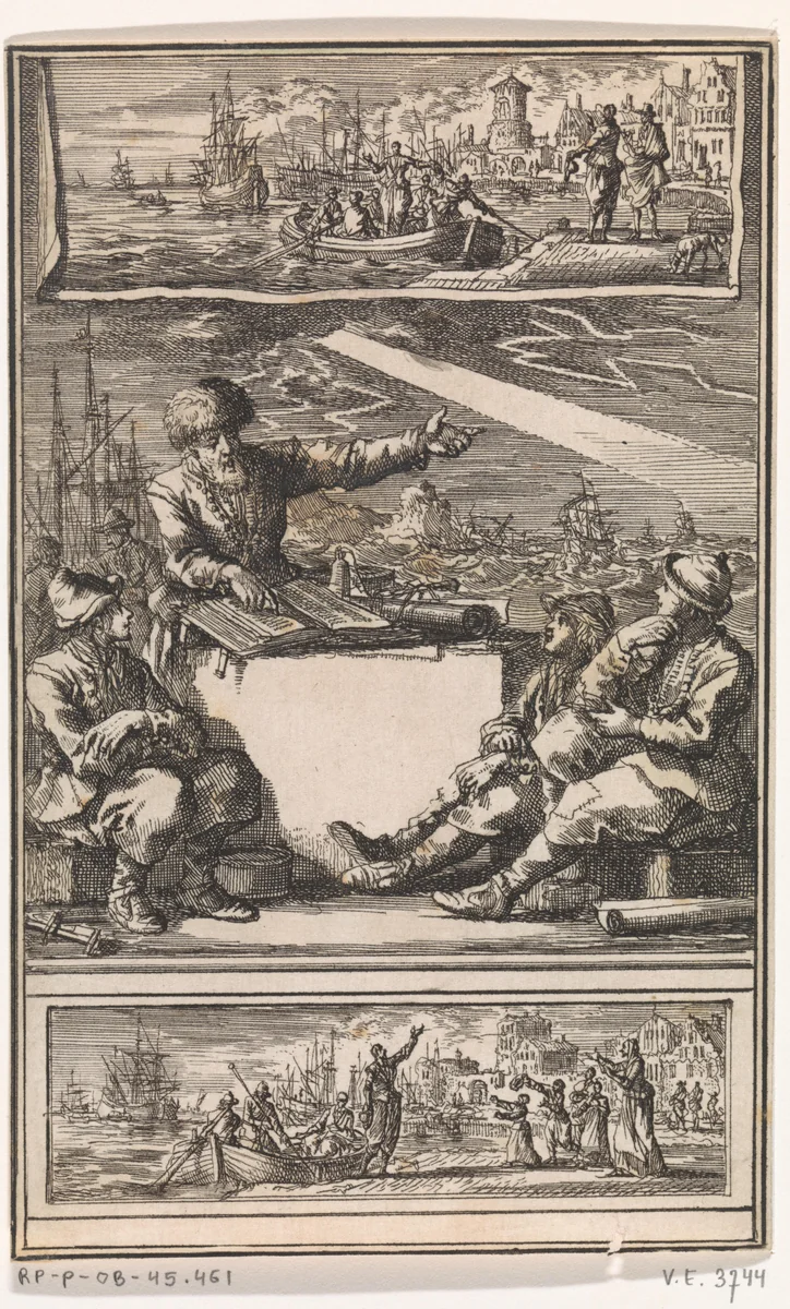 Vertrek en de terugkomst van een zeeman by Jan Luyken, print, 1709