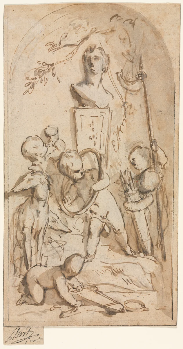 Bust of Diana with Putti and Hunting Attributes by Jacob de Wit, drawing, 1700-1754