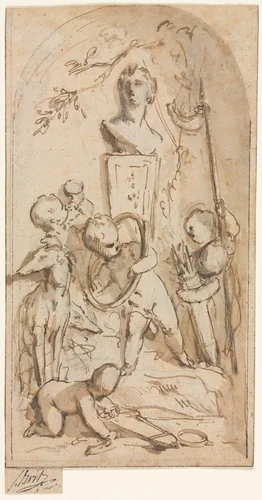Bust of Diana with Putti and Hunting Attributes by Jacob de Wit, drawing, 1700-1754