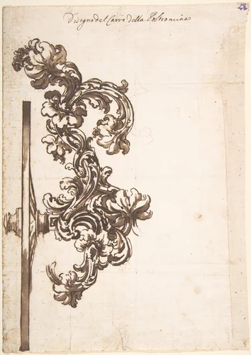 Rear Wheel and Part of the Carved Wooden Structure of a Carriage by anonymous, drawing, 1700-1799
