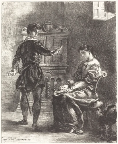 Hamlet and Ophelia (Act III, Scene I) by Eugène Delacroix, portfolio, 1834-1843