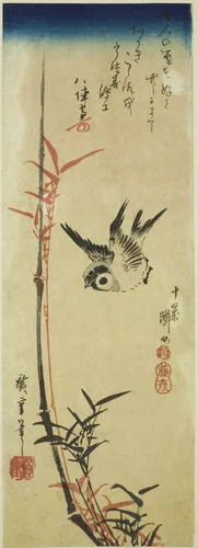 Sparrow and bamboo by Utagawa Hiroshige (歌川広重), print, 1833-1837