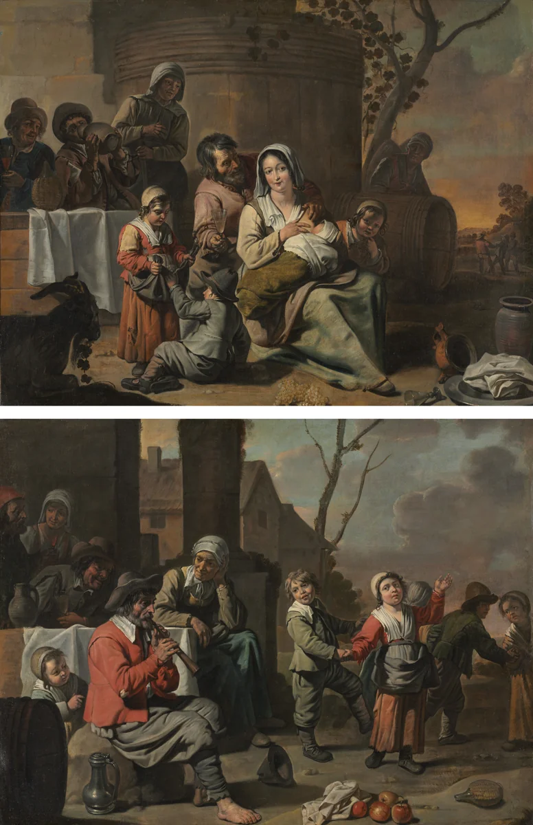 Vintage Scene and Peasant Children Dancing (painting pair) by Le Nain, painting, 1650-1659
