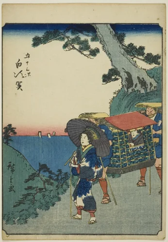 Shirasuka, from the series "Fifty-three Stations [of the Tokaido] (Gojusan tsugi)," also known as the Figure Tokaido (Jinbutsu Tokaido) by Utagawa Hiroshige (歌川広重), print, 1852