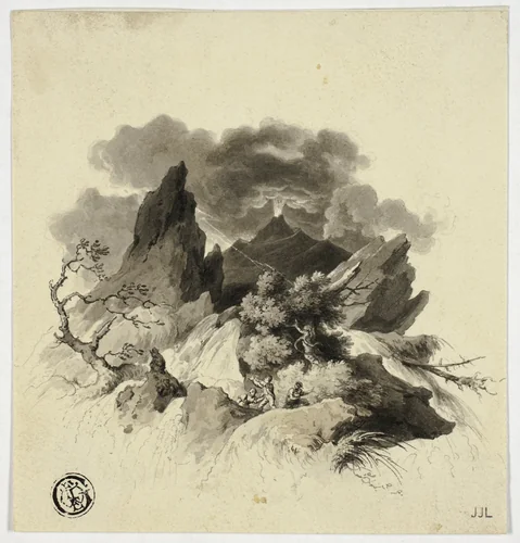 Violent Storm in Mountains with Erupting Volcano in Distance by Unknown Artist, drawing, 1700-1799