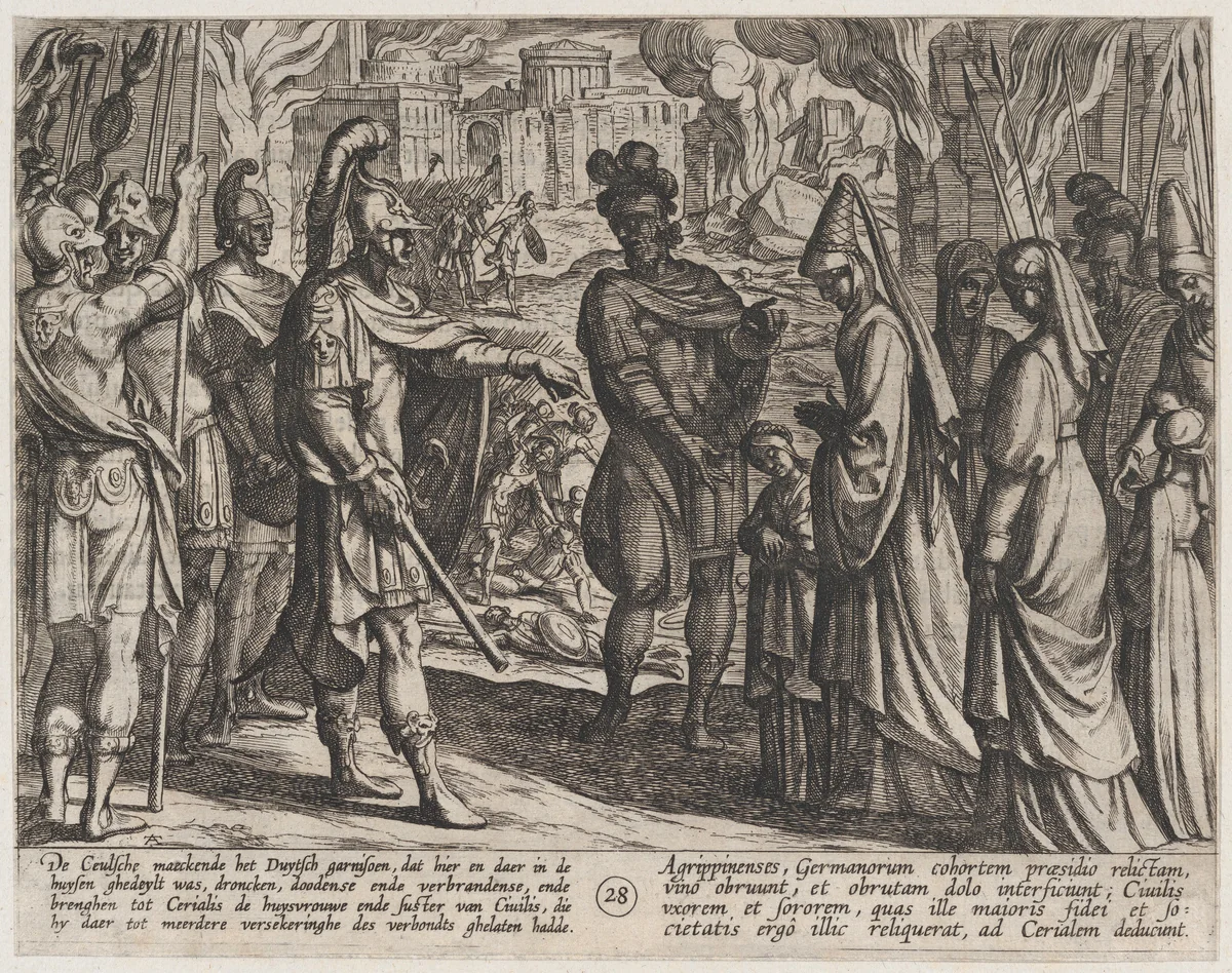 Plate 28: Cologne Troops Bring Civilis' Wife and Sister to Cerialis, from The War of the Romans Against the Batavians (Romanorvm et Batavorvm societas) by Antonio Tempesta, print, 1611-1612