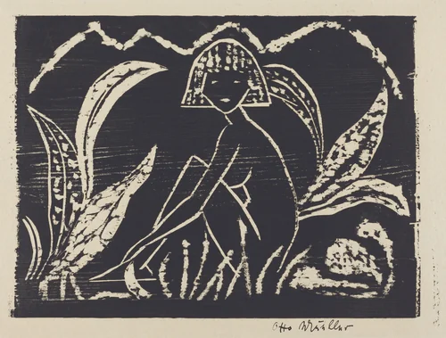 Nude Figure of a Girl in a Landscape (Madchenzwischen Blattpflanzen) by Otto Mueller, print, 1912