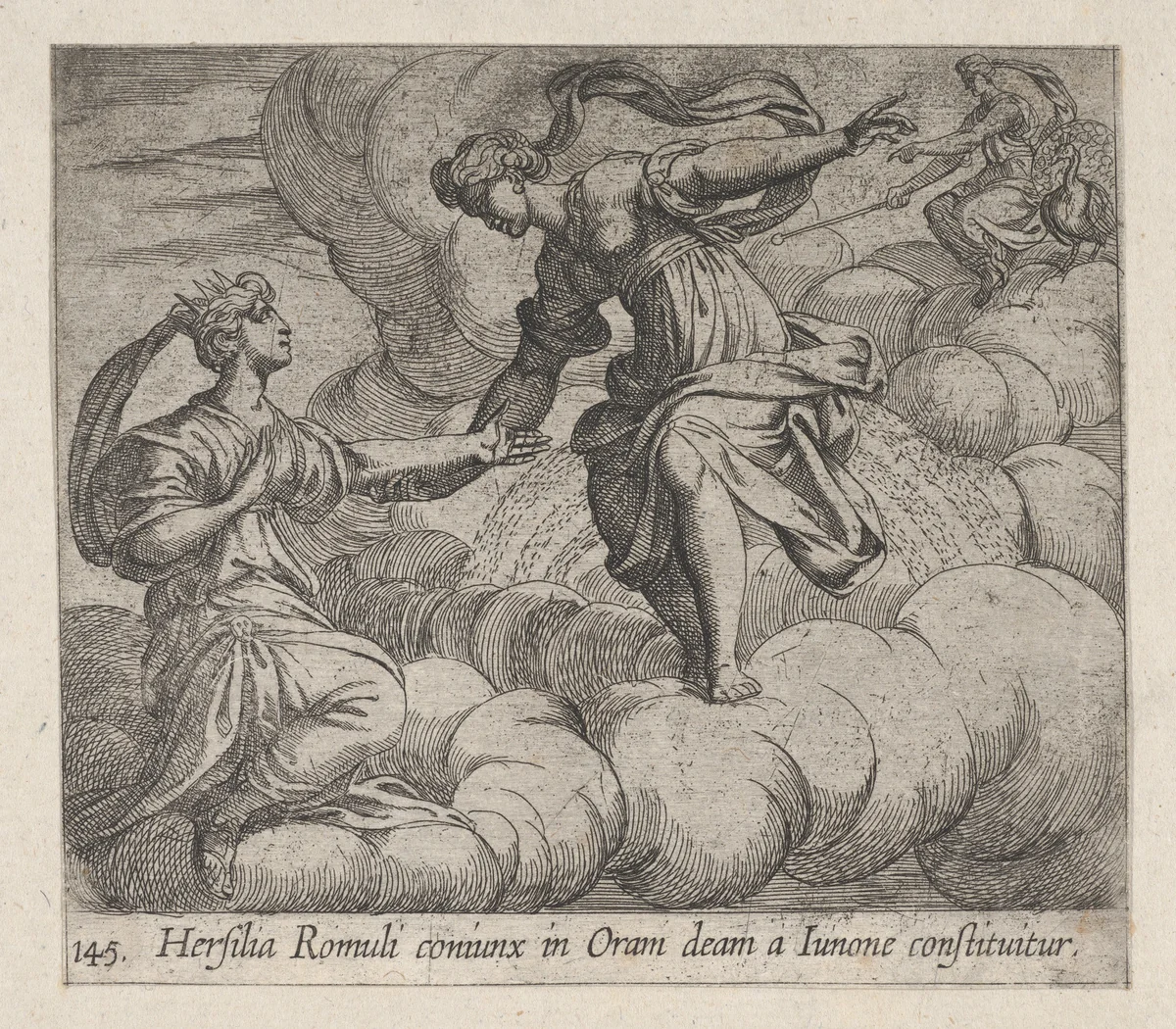 Plate 145: Hersilia Taken to the Heavens (Hersilia Romuli coniunx in Oram deam a Iunone constituitur), from Ovid's 'Metamorphoses' by Antonio Tempesta, print, 1606