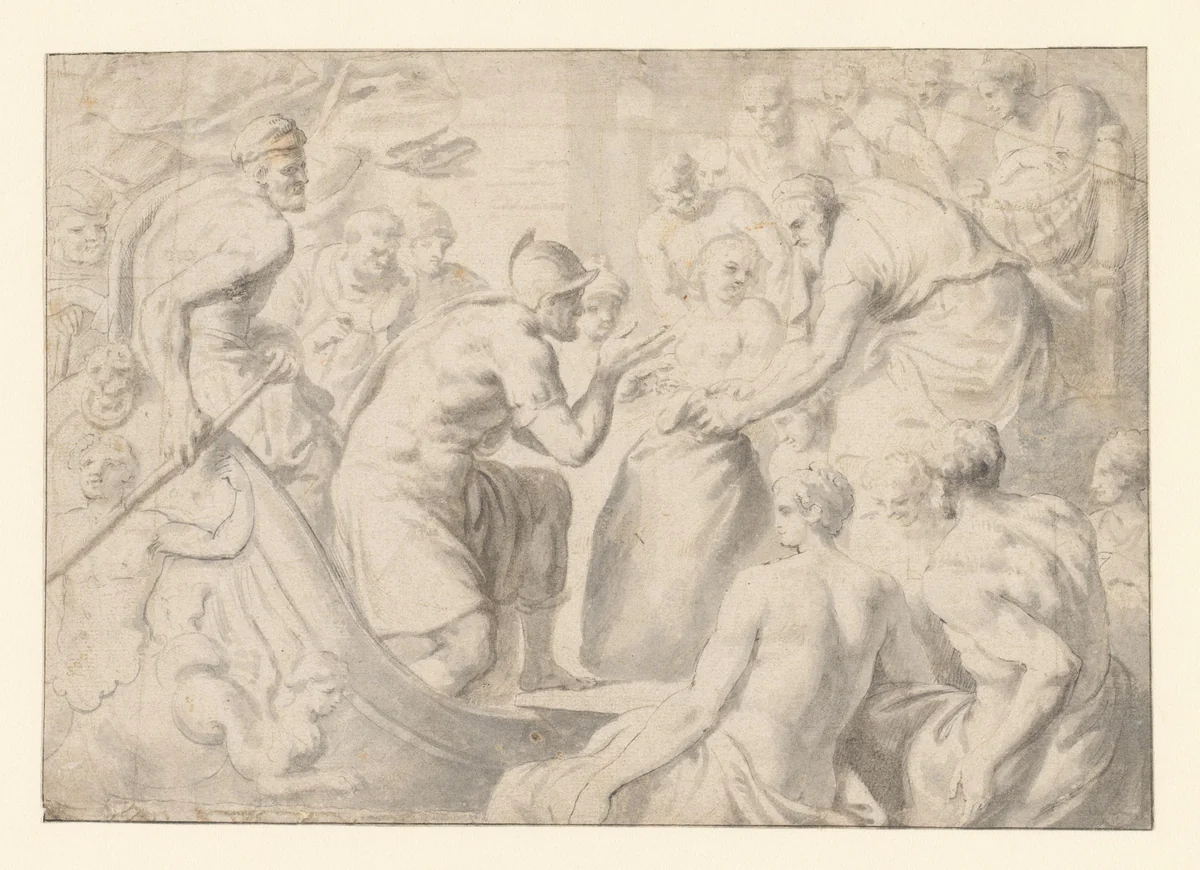 De metgezellen van Odysseus maken de zak open waarin Aeolus de winden besloten had by Theodoor van Thulden, drawing, 1631-1633