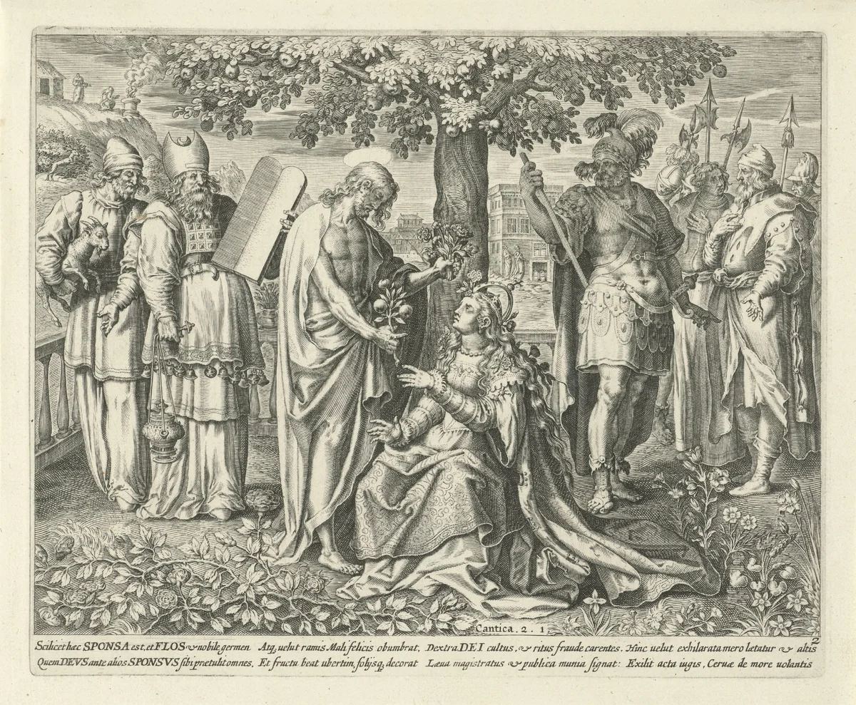Christus en zijn bruid onder een appelboom by anonymous, print, 1590
