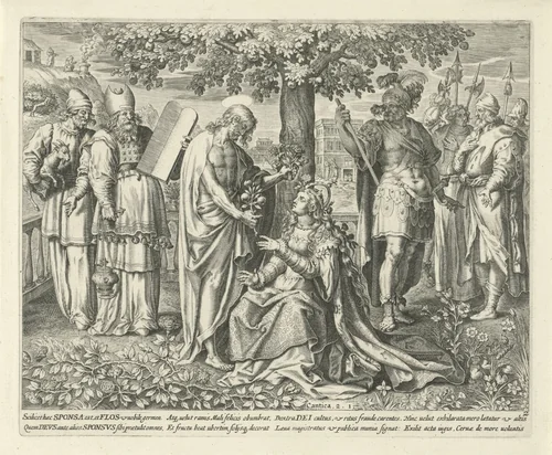 Christus en zijn bruid onder een appelboom by anonymous, print, 1590