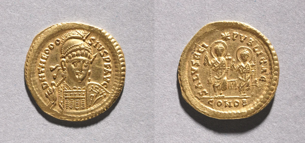 Solidus of Theodosius II and Valentinian III by Unknown, metalwork, 408-425