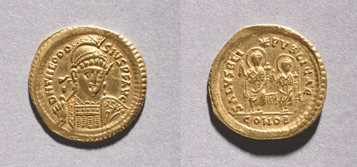 Solidus of Theodosius II and Valentinian III by Unknown, metalwork, 408-425