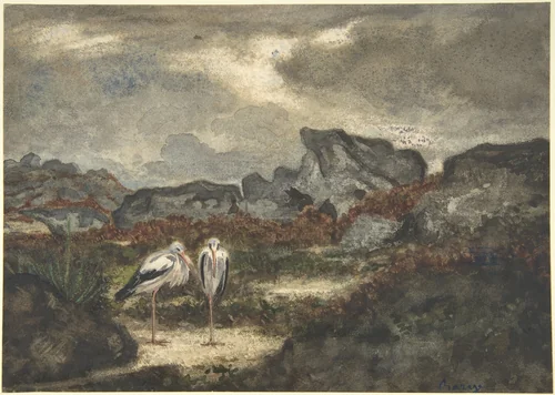 Herons in Landscape by Antoine-Louis Barye, drawing, 1810-1875