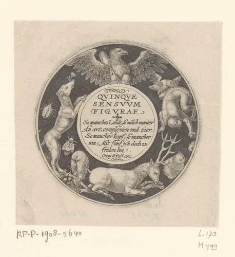 Dieren met symbolen van de zintuigen by Crispijn van de Passe, print, 1589-1611