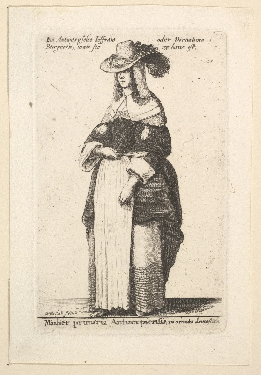 Mulier primaria Antuerpiensis, in ornatus domestica (Gentlewoman of Antwerp in domestic adornment) by Wenceslaus Hollar, print, 1648-1816