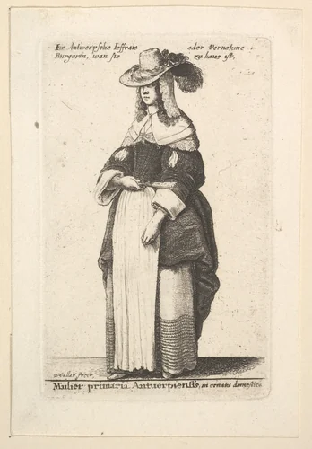 Mulier primaria Antuerpiensis, in ornatus domestica (Gentlewoman of Antwerp in domestic adornment) by Wenceslaus Hollar, print, 1648-1816