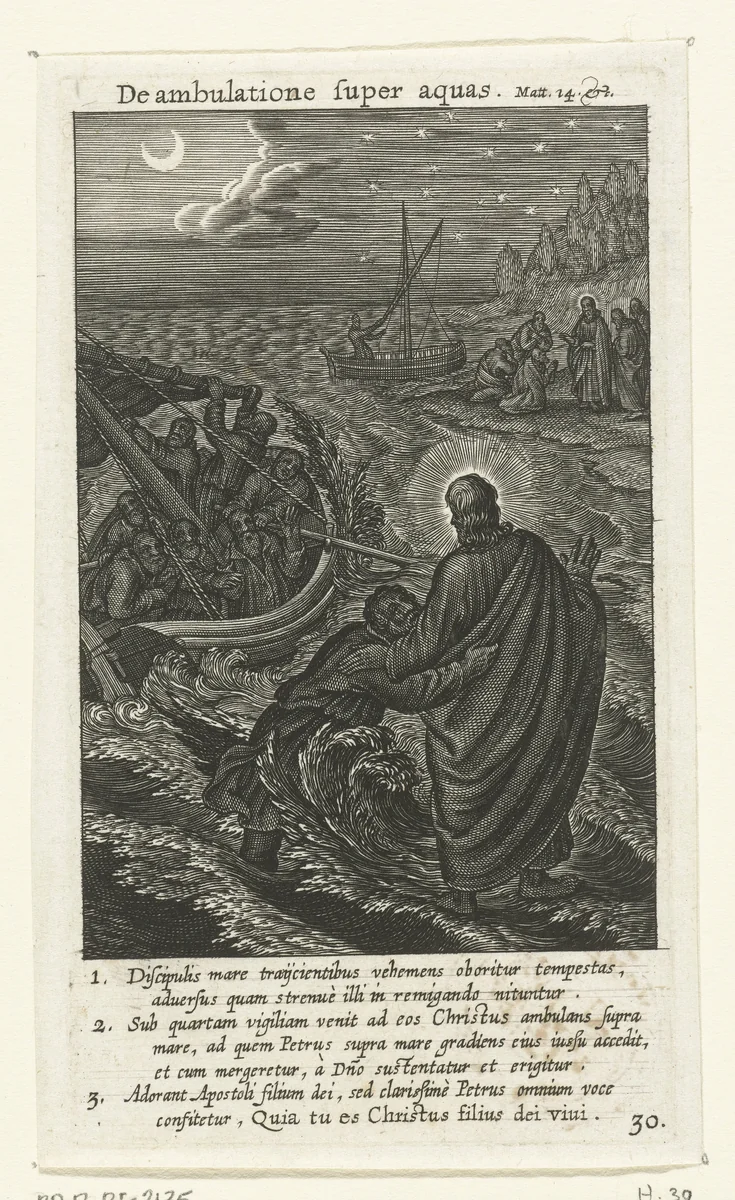 Petrus probeert over het water te lopen naar Christus by Boëtius Adamsz. Bolswert, print, 1590-1622