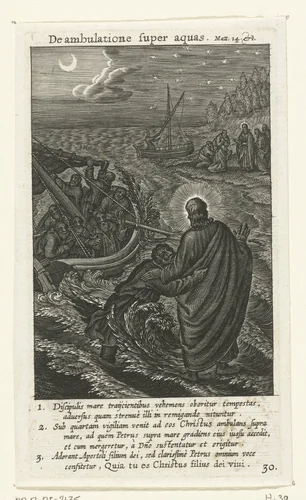 Petrus probeert over het water te lopen naar Christus by Boëtius Adamsz. Bolswert, print, 1590-1622