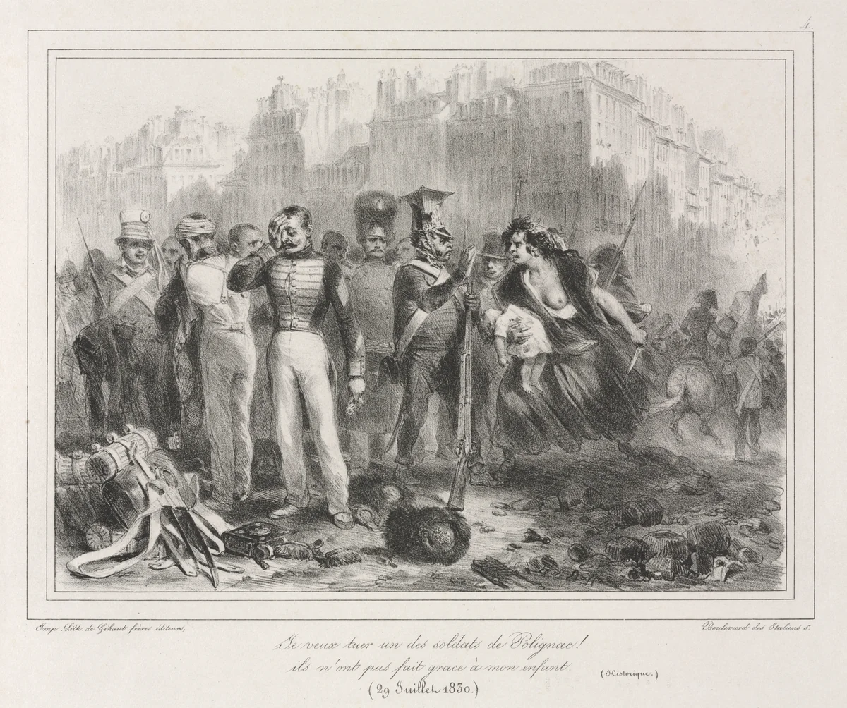 Album of 1831: I want to kill one of Polignac's soldiers. They did not spare my child (Historic) by Auguste Raffet, print, 1830