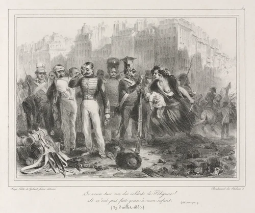 Album of 1831: I want to kill one of Polignac's soldiers. They did not spare my child (Historic) by Auguste Raffet, print, 1830