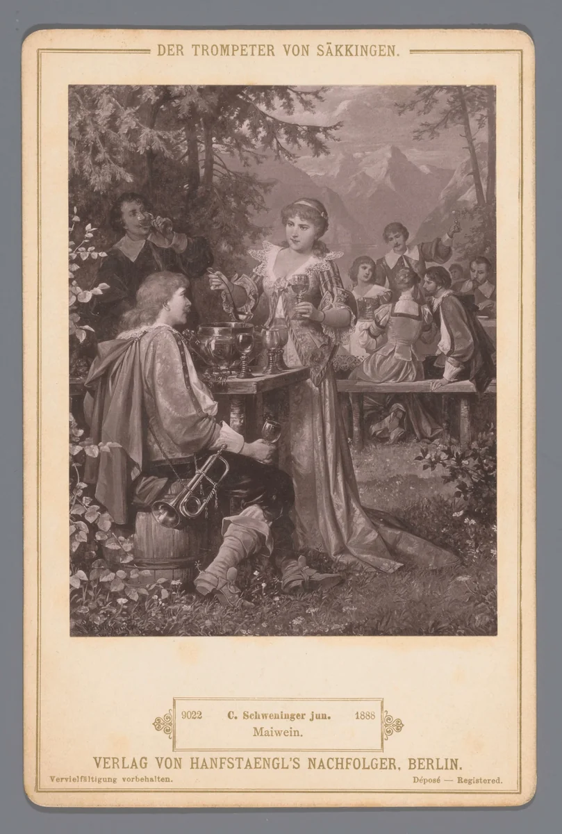 Reproductie van het schilderij 'Maiwein' door C. Schweninger Jr., ter illustratie bij 'Der Trompeter von Säckingen' by anonymous, print, 1888