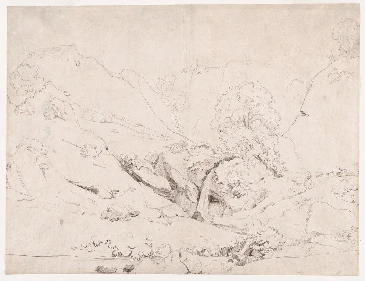 Italian Landscape (recto); Rocks and foliage (verso) by Camille Corot, drawing, 1821-1832