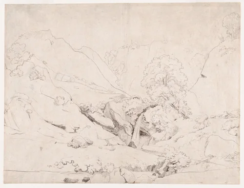 Italian Landscape (recto); Rocks and foliage (verso) by Camille Corot, drawing, 1821-1832