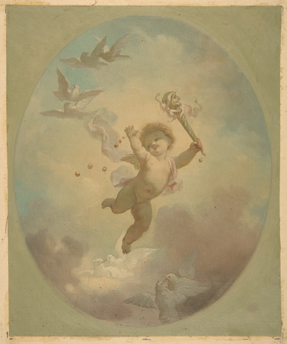 A winged putto and turtle doves by Jules-Edmond-Charles Lachaise, drawing, 1850-1900