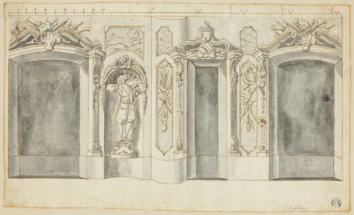 Wall with Hunting Designs by Grinling Gibbons, drawing, 1690-1721