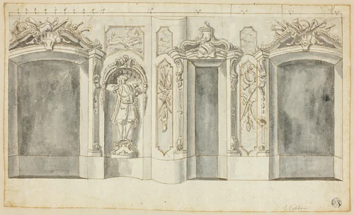Wall with Hunting Designs by Grinling Gibbons, drawing, 1690-1721