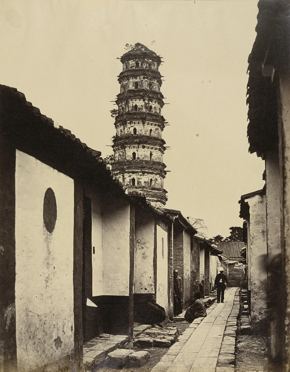 Nine-Storied Pagoda and Tartar Street, Canton by Felice Beato, photograph, 1860