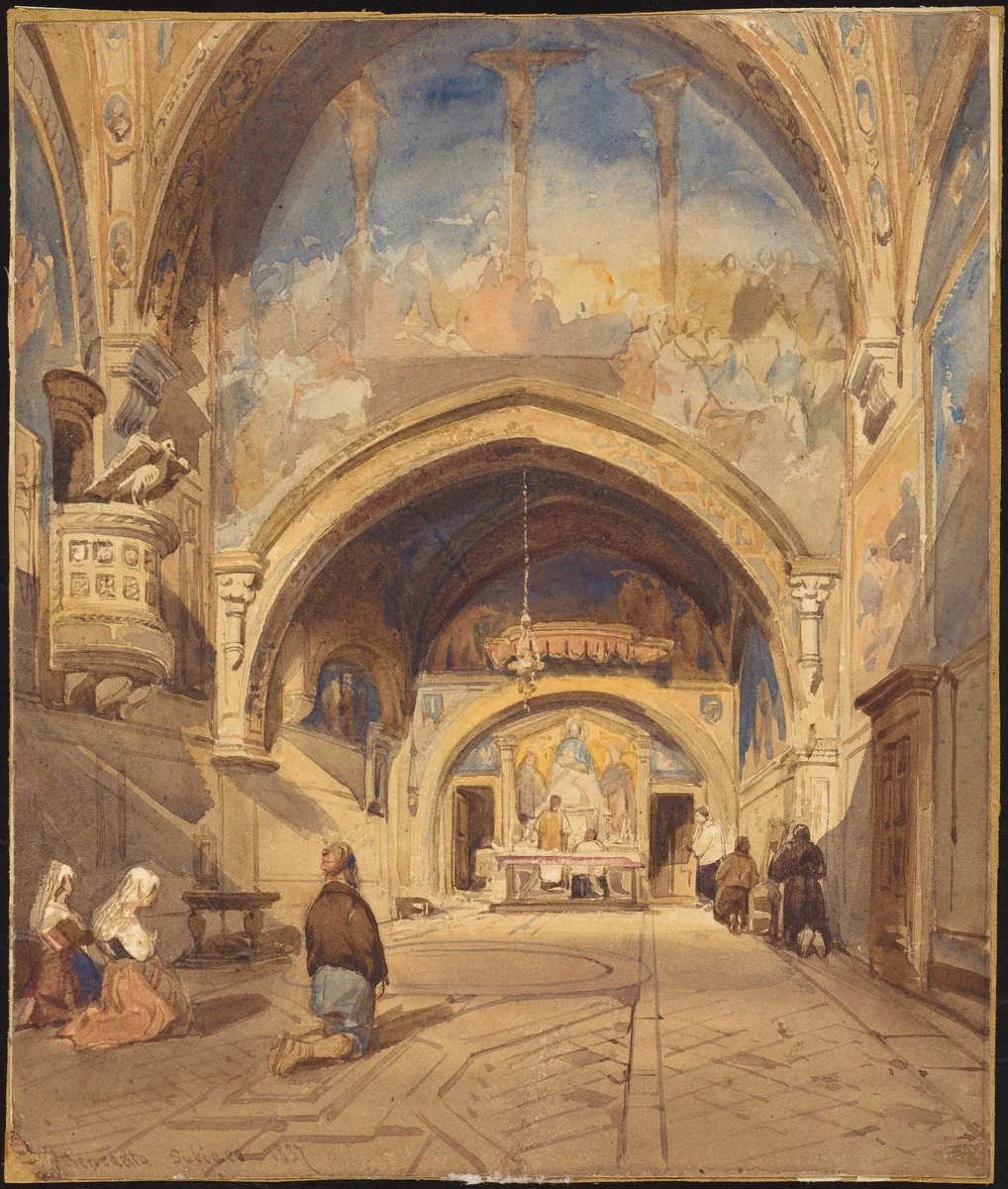Interior of the Church of San Benedetto, Subiaco by William James Müller, drawing, 1837
