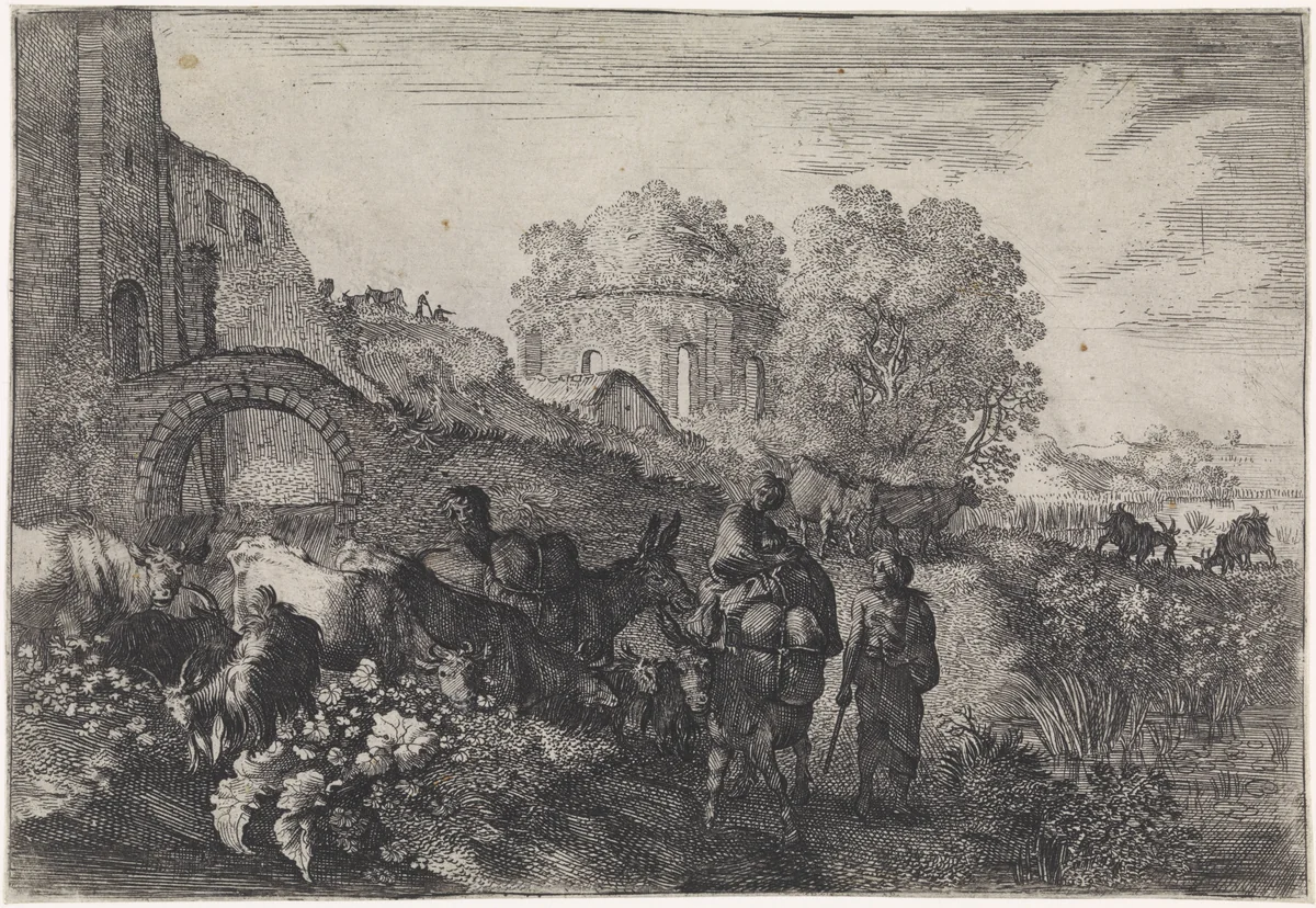 Landschap met reizigers by Moyses van Wtenbrouck, print, 1600-1647