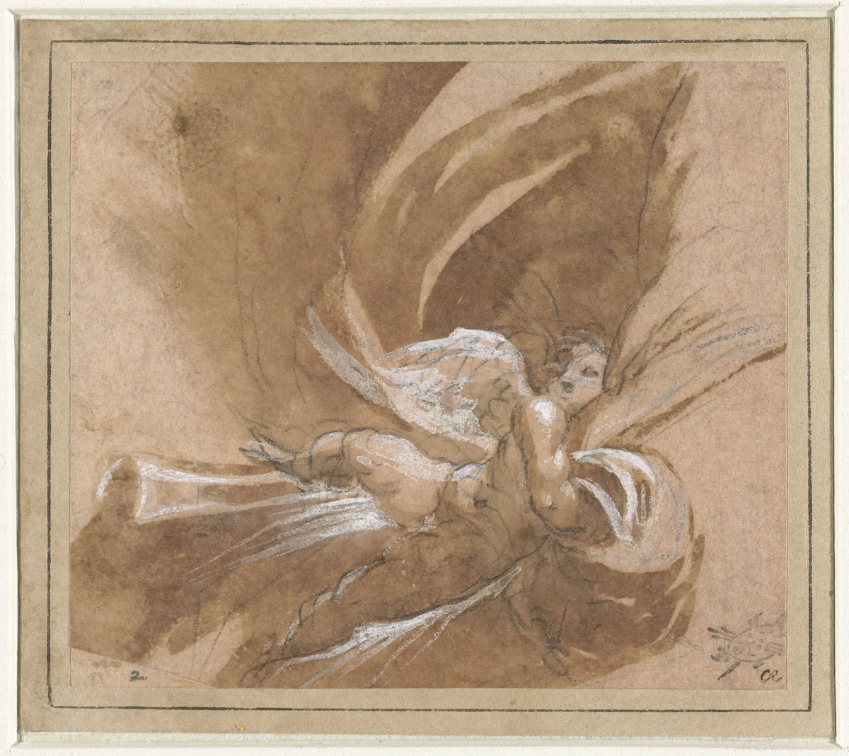 Zwevende putto die een gordijn optilt by anonymous, drawing, 1500-1599