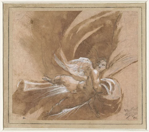 Zwevende putto die een gordijn optilt by anonymous, drawing, 1500-1599