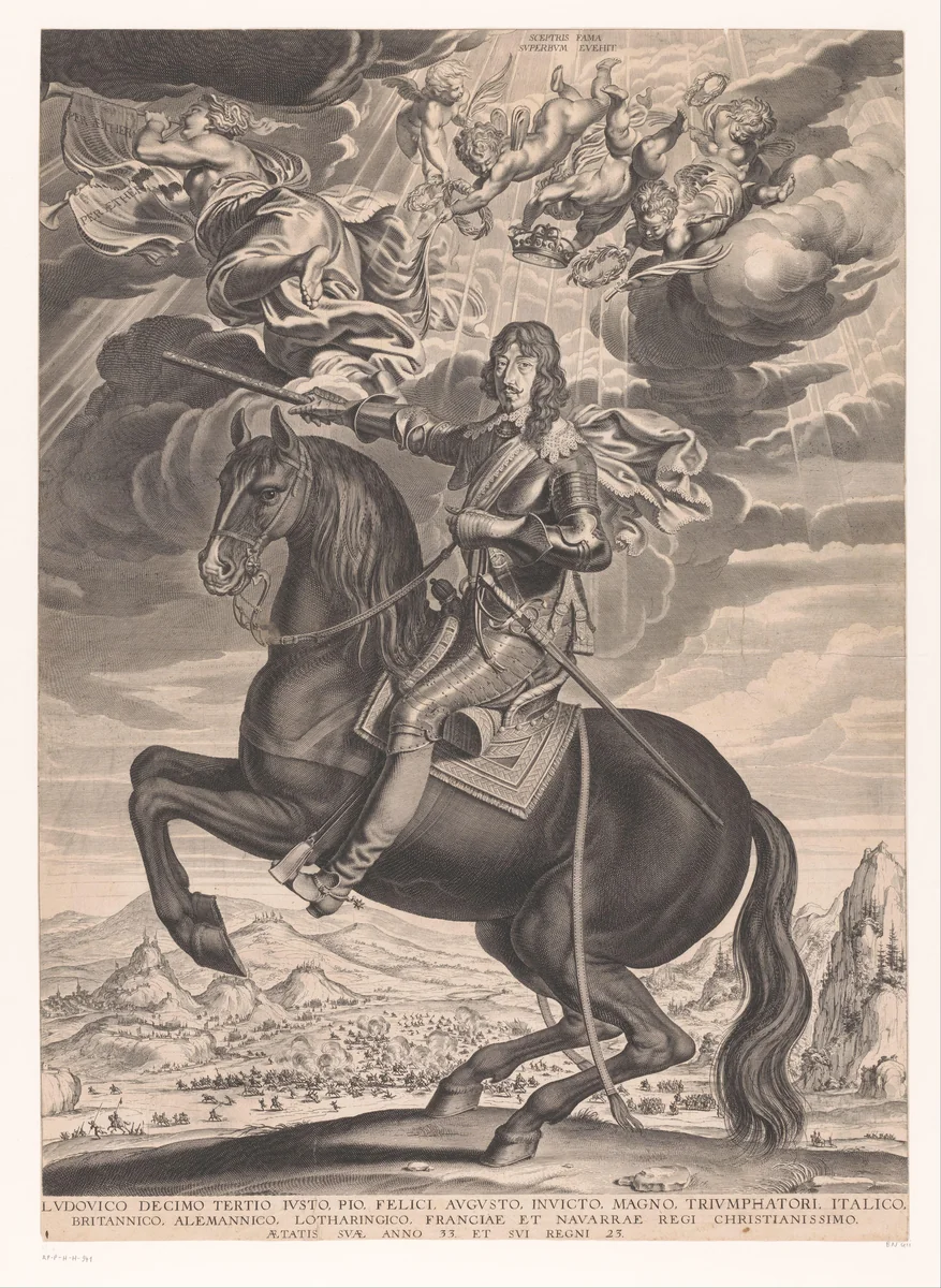 Ruiterportret van Lodewijk XIII van Frankrijk op 33-jarige leeftijd by Michel Lasne, print, 1634