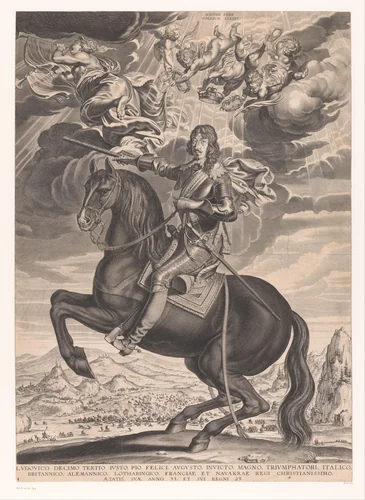 Ruiterportret van Lodewijk XIII van Frankrijk op 33-jarige leeftijd by Michel Lasne, print, 1634