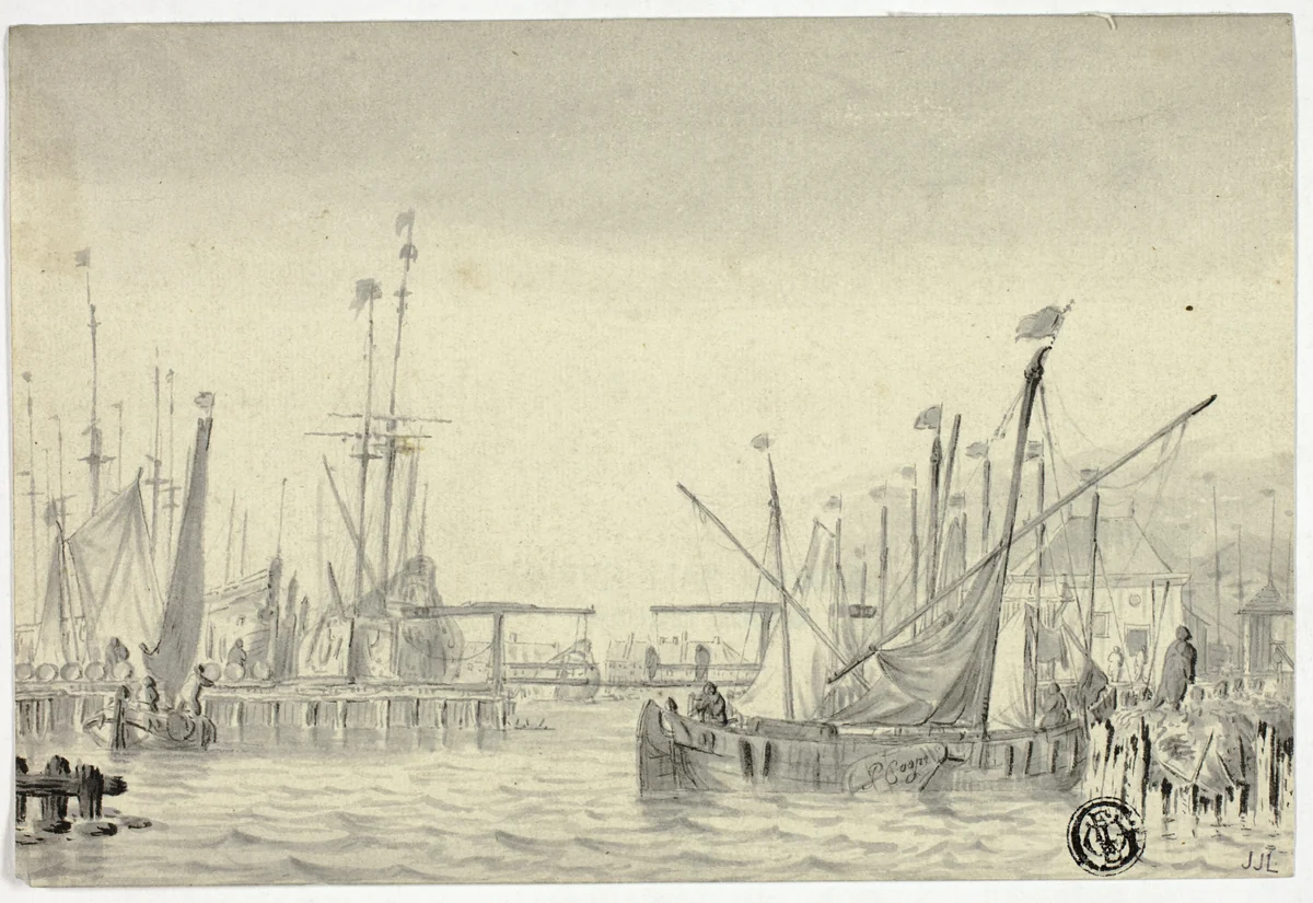 Ships in Harbor by Pieter Coopse, drawing, 1668-1677