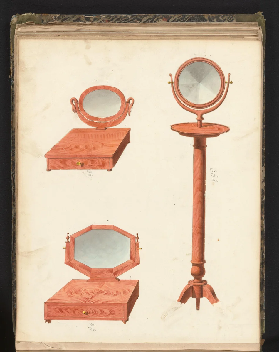 Ontwerp voor een scheerspiegel en twee ontwerpen voor toiletspiegels by anonymous, drawing, 1825-1839
