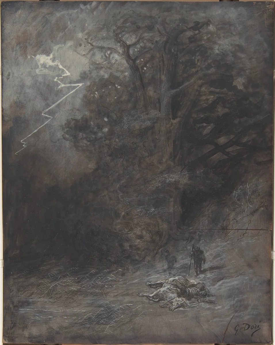 A Rider and a Dead Horse in a Landscape by Gustave Doré, drawing, 1832-1883