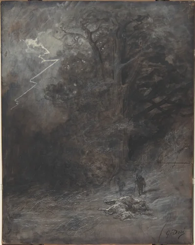 A Rider and a Dead Horse in a Landscape by Gustave Doré, drawing, 1832-1883