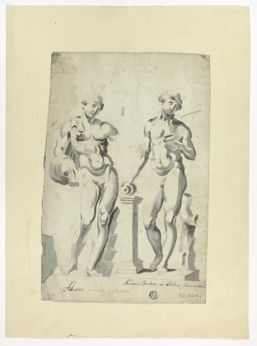 Two Sculptures: Antinous in Vatican Gardens and Nisaus Bacchus in the Farnese Palace by Unknown Artist, drawing, 1600-1699