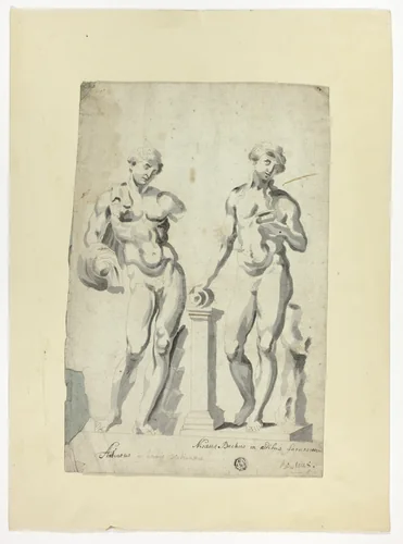 Two Sculptures: Antinous in Vatican Gardens and Nisaus Bacchus in the Farnese Palace by Unknown Artist, drawing, 1600-1699