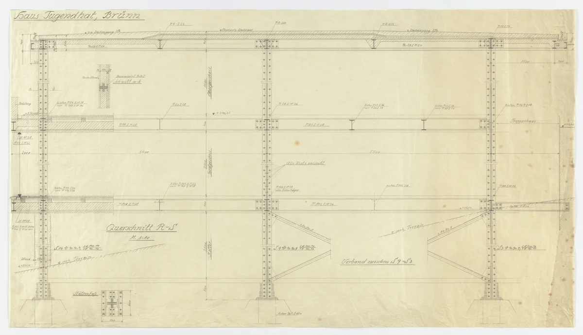 Tugendhat House, Brno, Czech Republic (Section, framing system including footings) by Ludwig Mies van der Rohe, mies van der rohe archive, 1928