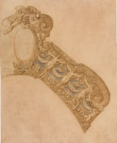 Design for the Pommel Plate of a Saddle from a Garniture of Alessandro Farnese (1545–1592) by Andrea Casalini, drawing, 1575-1580