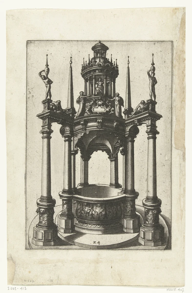 Vrijstaande ronde waterput met dubbele zuilen by Johannes of Lucas van Doetechum, print, 1574