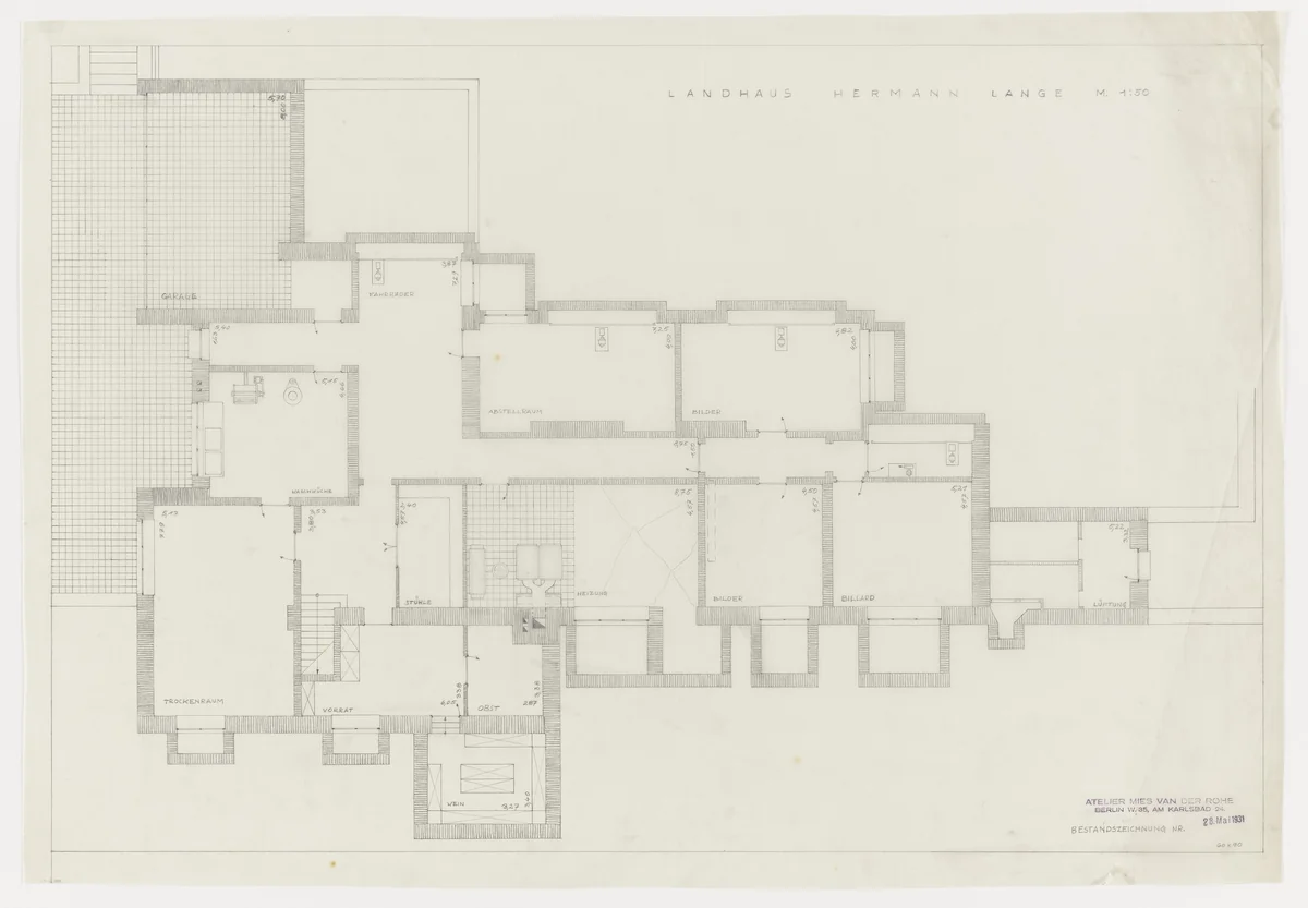 Hermann Lange House, Krefeld, Germany, Plan by Ludwig Mies van der Rohe, mies van der rohe archive, 1927